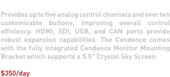 DJI Cendence / remote controller & screen Provides up to five analog control channels and over ten customizable buttons, improving overall control efficiency. HDMI, SDI, USB, and CAN ports provide robust expansion capabilities. The Cendence comes with the fully integrated Cendence Monitor Mounting Bracket which supports a 5.5" Crystal Sky Screen $350/day