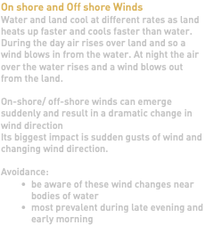 On shore and Off shore Winds Water and land cool at different rates as land heats up faster and cools faster than water. During the day air rises over land and so a wind blows in from the water. At night the air over the water rises and a wind blows out from the land. On-shore/ off-shore winds can emerge suddenly and result in a dramatic change in wind direction Its biggest impact is sudden gusts of wind and changing wind direction. Avoidance: be aware of these wind changes near bodies of water most prevalent during late evening and early morning 