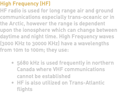 High Frequency (HF) HF radio is used for long range air and ground communications especially trans-oceanic or in the Arctic, however the range is dependent upon the ionosphere which can change between daytime and night time. High Frequency waves (3000 KHz to 30000 KHz) have a wavelengths from 10m to 100m; they use: 5680 kHz is used frequently in northern Canada where VHF communications cannot be established HF is also utilized on Trans-Atlantic flights