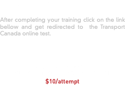 Transport Canada Online Test After completing your training click on the link bellow and get redirected to the Transport Canada online test. CLICK TO TAKE THE BASIC TEST CLICK TO TAKE THE ADVANCED TEST $10/attempt 